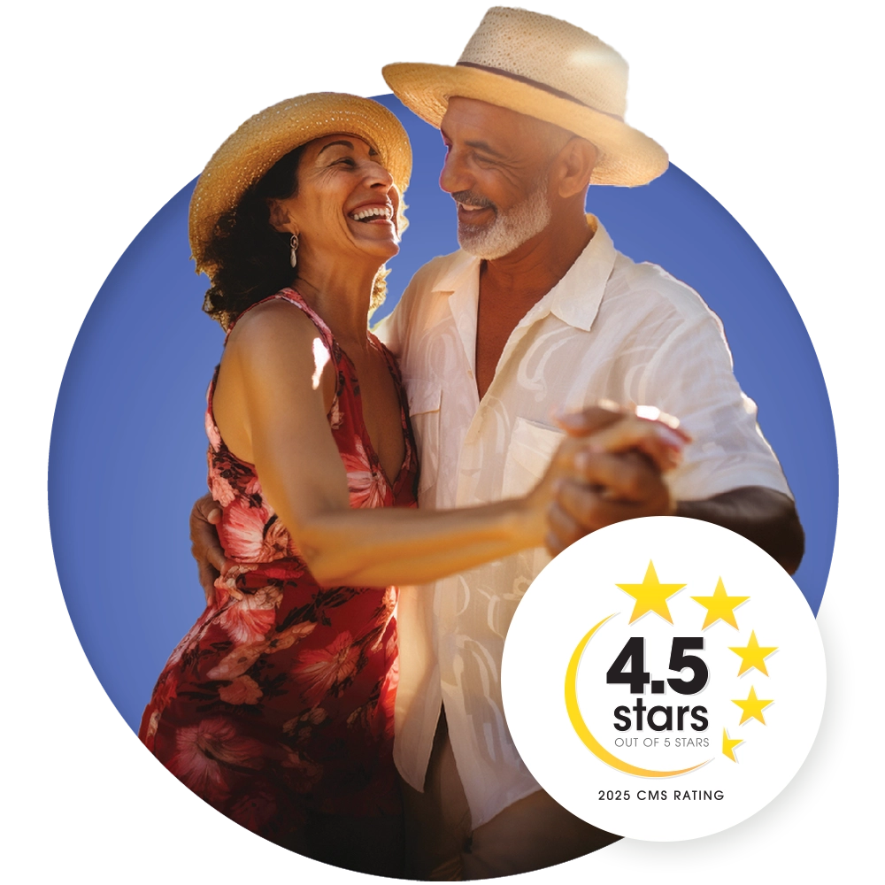 Dancing couple and CMS 5-star rating logo